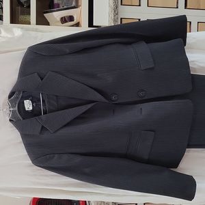 Gray pantsuit with pink pin stripes